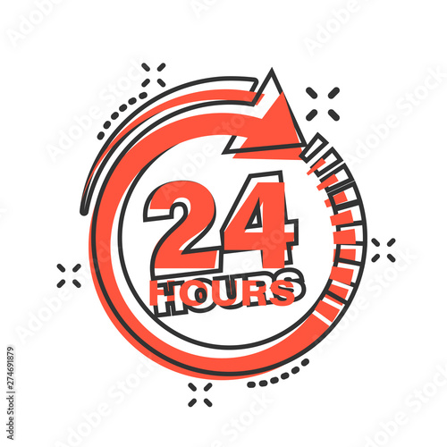 24 hours clock sign icon in comic style. Twenty four hour open vector cartoon illustration on white isolated background. Timetable business concept splash effect.