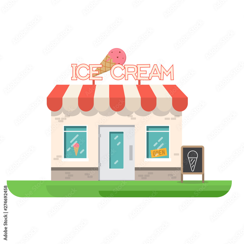 Ice cream store building. Store building near park and city. Restaurant with ice cream. Flat vector illustration. Trendy retro color style. Ice cream store building. Store building near park and city. Restaurant with ice cream. Flat vector illustration. Trendy retro color style.
