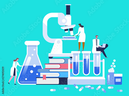 Medical laboratory research with microscope, science glass test tube, books and pills.