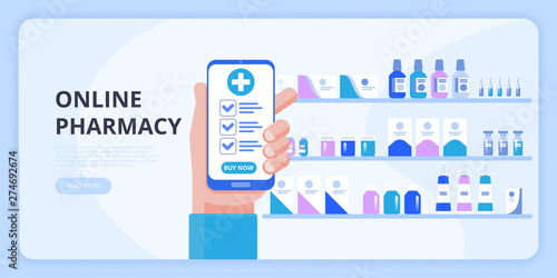 Hand holding smartphone buy online medicine. The concept of online pharmacy