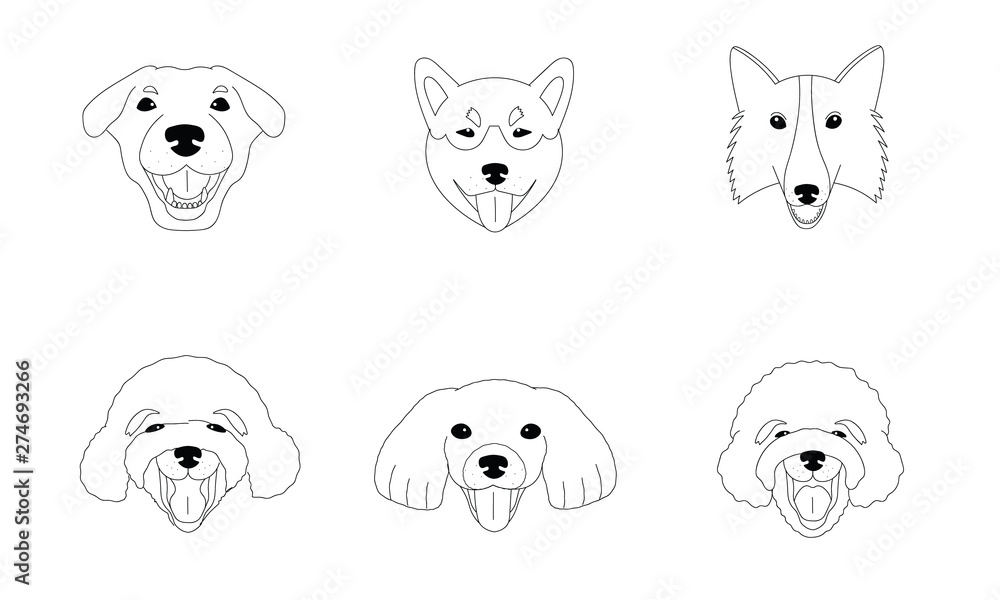 Collection of six dogs head simple line illustration 