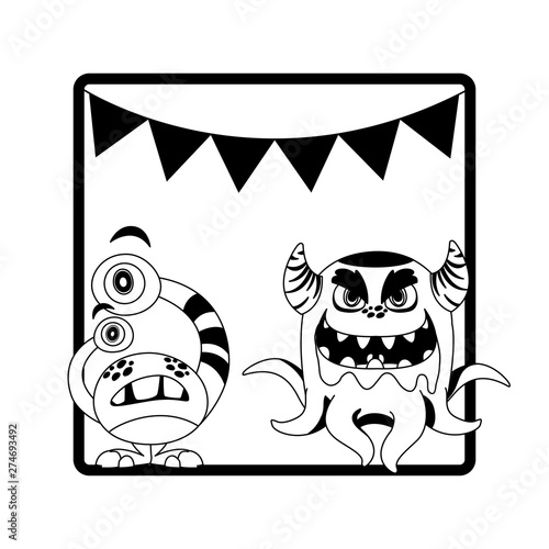 monochrome frame with monsters and garlands hanging