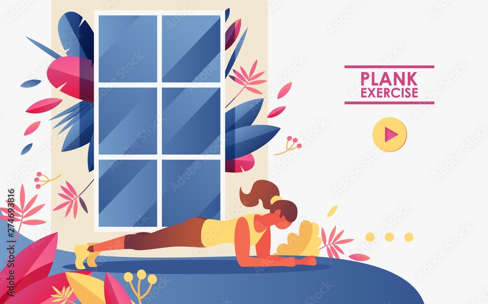 Vector concept landing page good for web sites of gym and home workout. Girl doing plank exercise in front of window