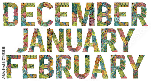 Words DECEMBER, JANUARY, FEBRUARY. Vector decorative zentangle object