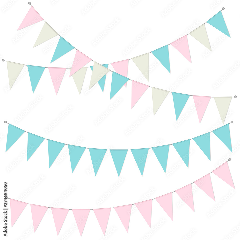 Pennant banner garland, vector illustration. Hanging triangle flags pastel color. Holiday party bunting Pennant banner garland, vector illustration. Hanging triangle flags pastel color. Holiday party bunting