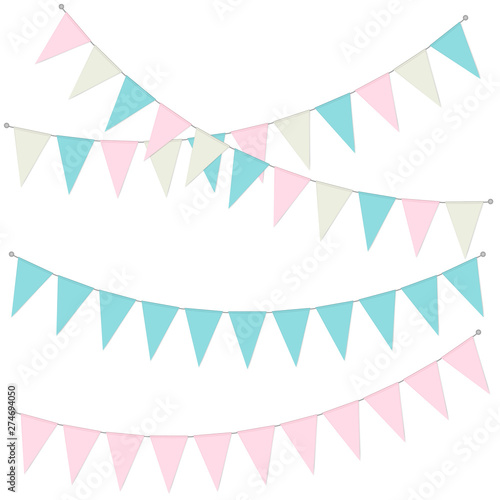 Pennant banner garland, vector illustration. Hanging triangle flags pastel color. Holiday party bunting