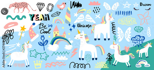 Collection of handwritten slogans or phrases and decorative design elements hand drawn in trendy doodle style - unicorn, rainbow, symbols. Colorful vector illustration for T-shirt or sweatshirt print.