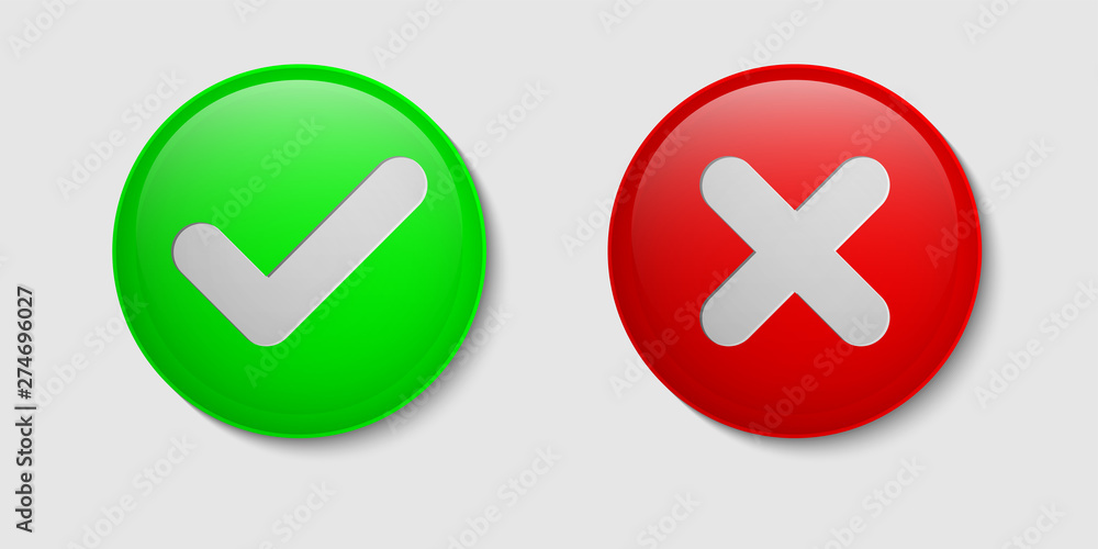 Red and green cross and checkmark buttons. Sign of consent and denial. Yes or no sign. Red and green cross and checkmark buttons. Sign of consent and denial. Yes or no sign.