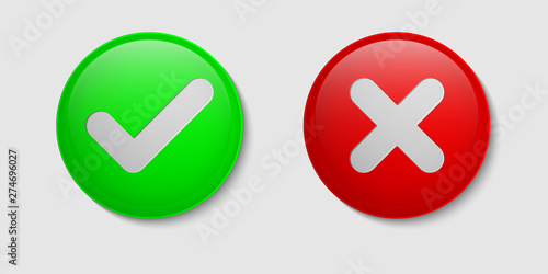 Red and green cross and checkmark buttons. Sign of consent and denial. Yes or no sign.