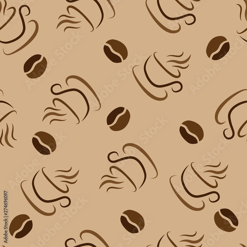 seamless pattern with coffee beans and cups of coffee on a brown background