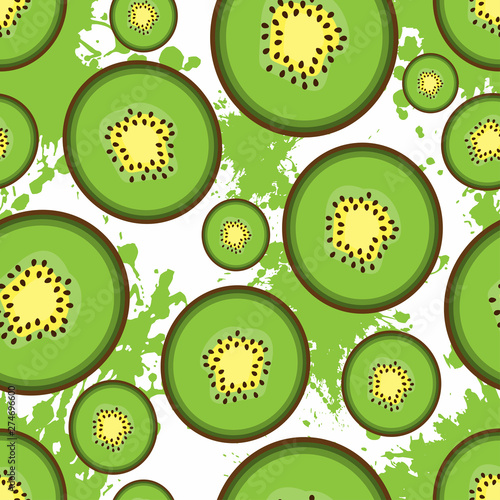 Vector seamless pattern with kiwi on blots background. Green shades.