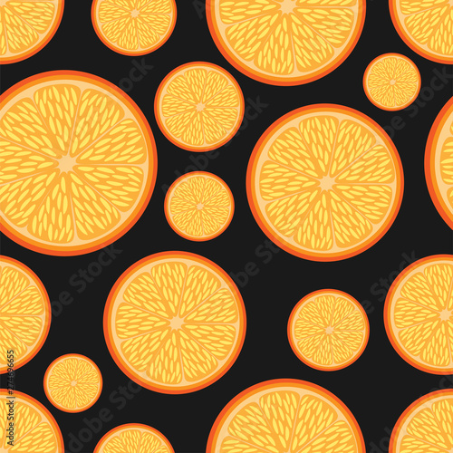Vector seamless pattern with oranges on a black background.