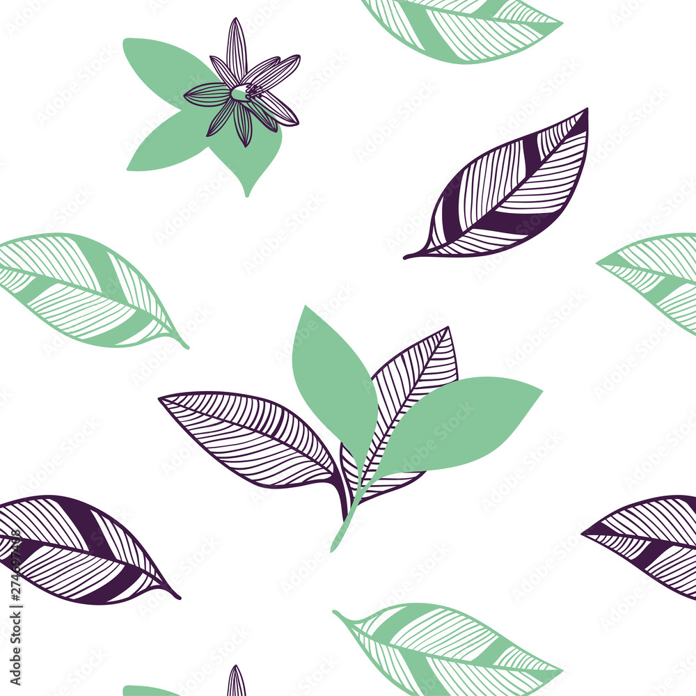 Seamless pattern of citrus leaves and flowers. Botanic vector hand drawn illustration set in modern trendy flat style for web, print posters and wallpapers Seamless pattern of citrus leaves and flowers. Botanic vector hand drawn illustration set in modern trendy flat style for web, print posters and wallpapers