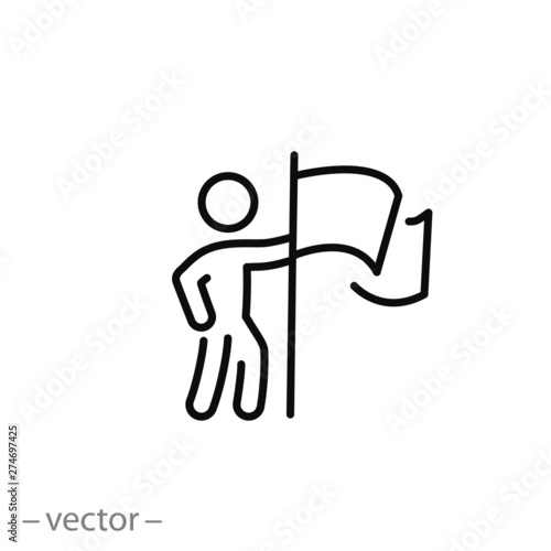 leader competition icon, leadership success, man with flag achieved victory, line symbol on white background - editable stroke vector illustration eps10