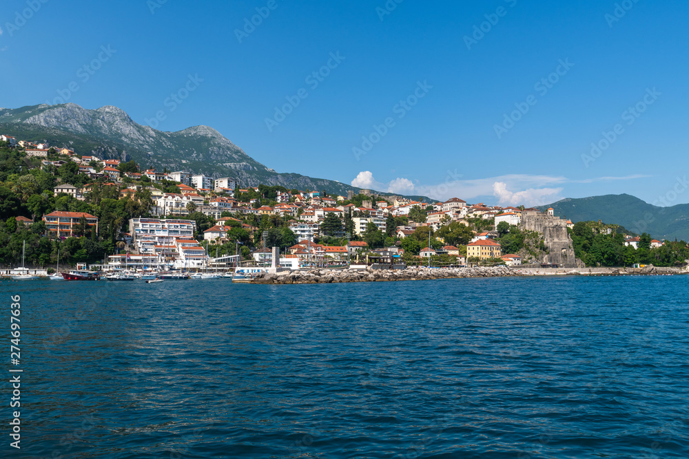 Herceg Novi, Montenegro - June 10. 2019. Panorama of the city from the sea