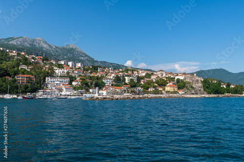 Herceg Novi, Montenegro - June 10. 2019. Panorama of the city from the sea