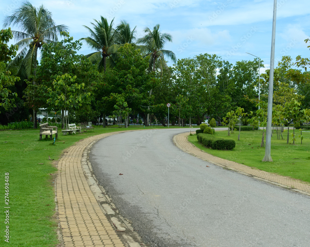 view of a tropical park with an asphalt running track
