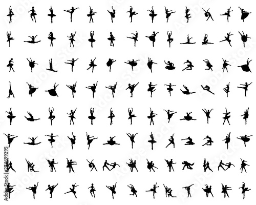 Black silhouettes of ballerinas on a white background