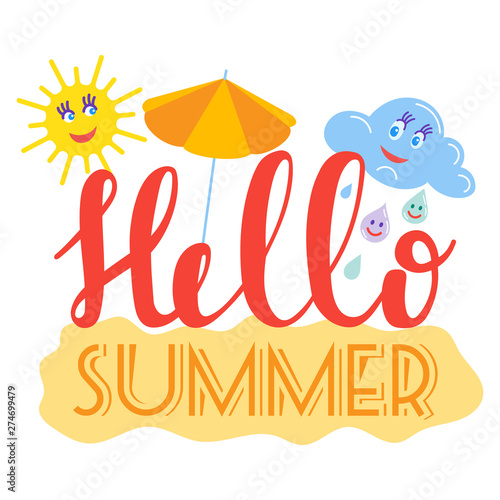 Hello Summer typographic logo sign on withe background. Sea plants, sun, beach sea and travel vector illustration. Holliday i love summer logo icons sun and fun rest