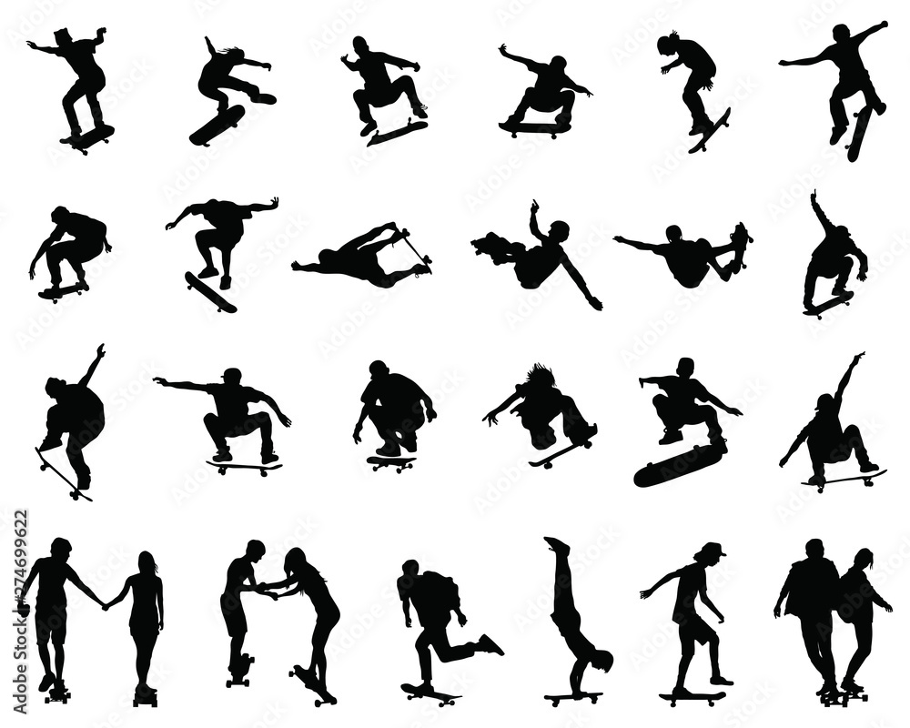 Black silhouettes of skate jumpers on a white background