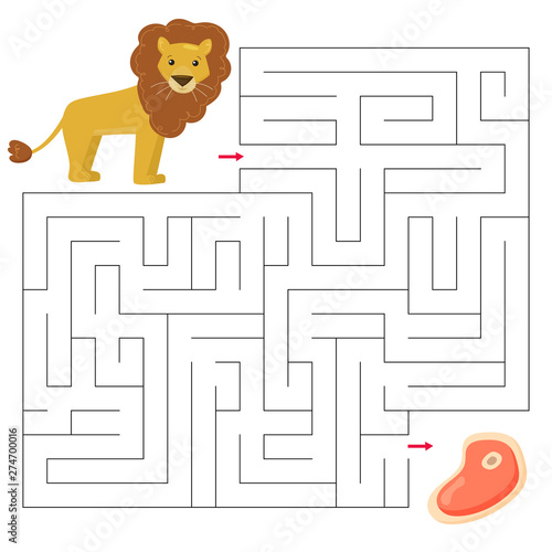 Educational maze game for children. Help the lion find right way to his food - meat. African animals. Cute cartoon vector character.