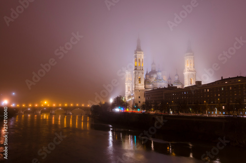 Night view of the Basilica of Our Lady of the Pillar  Zaragoza  Spain.