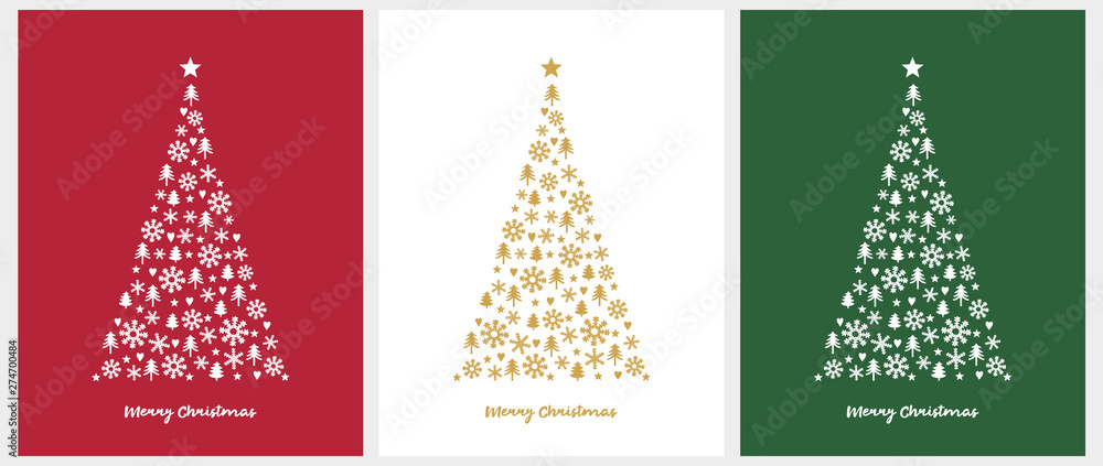 Merry Christmas Vector Card. White and Gold Christmas Tree Isolated on a Red, White and Green Background. Christmas Illustration in 3 Different Colors. Tree Made of Stars, Hearts, Trees and Snowflakes