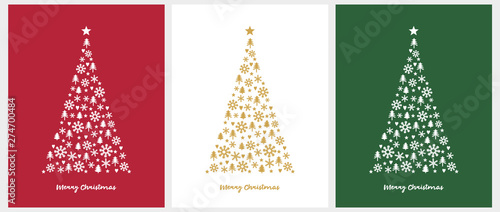 Merry Christmas Vector Card. White and Gold Christmas Tree Isolated on a Red, White and Green Background. Christmas Illustration in 3 Different Colors. Tree Made of Stars, Hearts, Trees and Snowflakes