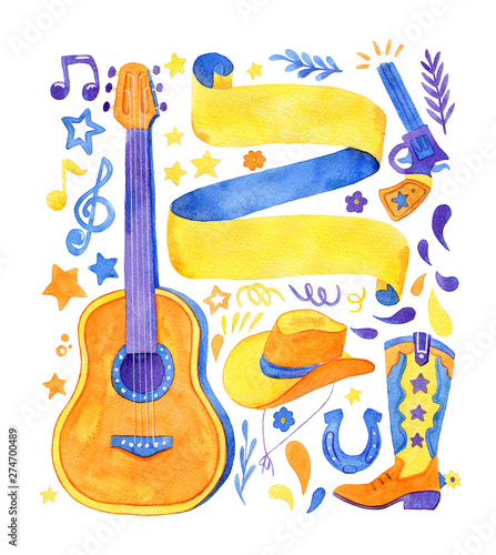 watercolor Illustration set for Country music festival banners. Set has a guitar, hat, boot, gun, tape and other elements.