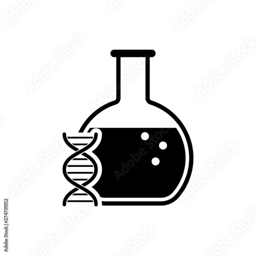 Black DNA research, search icon isolated. Genetic engineering, genetics testing, cloning, paternity testing. Vector Illustration
