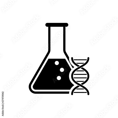 Black DNA research, search icon isolated. Genetic engineering, genetics testing, cloning, paternity testing. Vector Illustration
