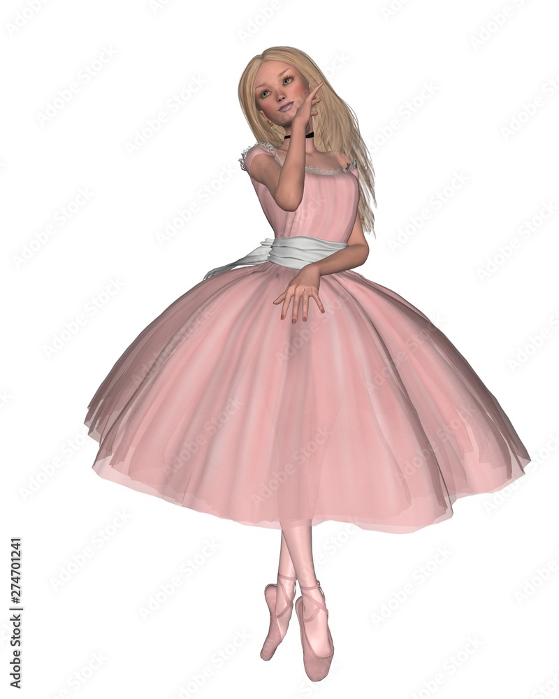 Illustration of a ballerina wearing a pink romantic style tutu, 3d digitally rendered illustration