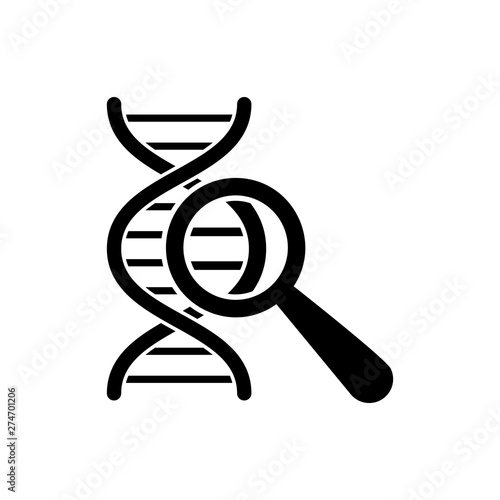 Black DNA research, search icon isolated. Magnifying glass and dna chain. Genetic engineering, cloning, paternity testing. Vector Illustration