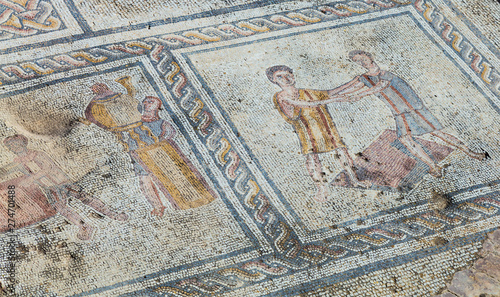 Mosaic fragment on the floor in ancient Roman town Sepphoris or Zippori Archaeological National Park, Galilee, Israel.