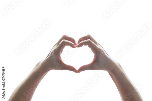 Hands in heart shape of woman isolated on white background