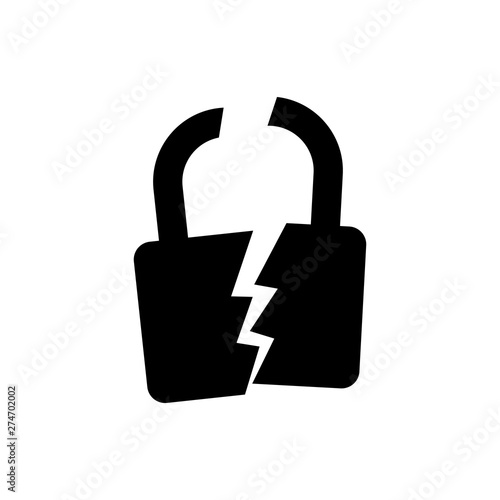 Black Broken or cracked lock icon isolated. Unlock sign. Vector Illustration