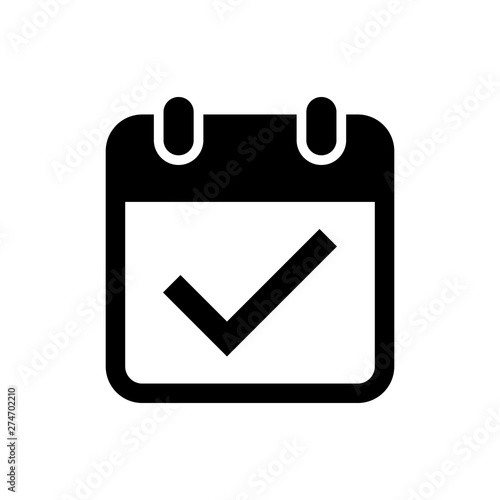 Black Calendar with check mark icon isolated on white background. Vector Illustration