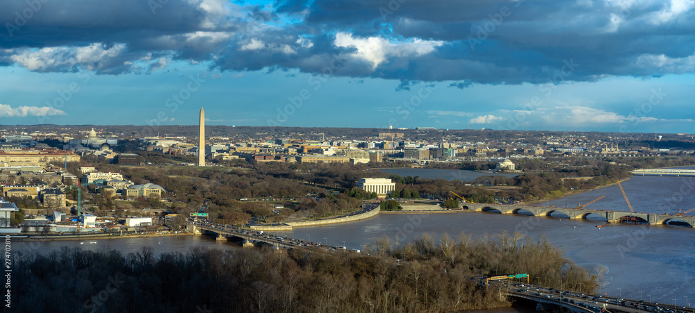 Panorama Top view scene of Washington DC down town which can see United states Capitol, washington monument, lincoln memorial and thomas jefferson memorial, history and culture for travel concept