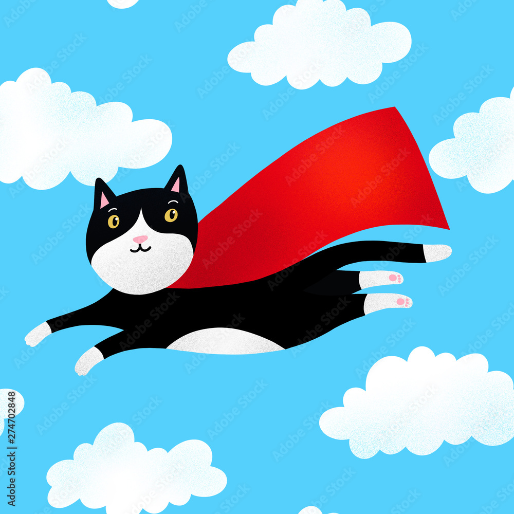 Seamless pattern with flying cat superhero in blue skies with white clouds. Stock Illustration | Adobe Stock Seamless pattern with flying cat superhero in blue skies with white clouds. Stock Illustration | Adobe Stock