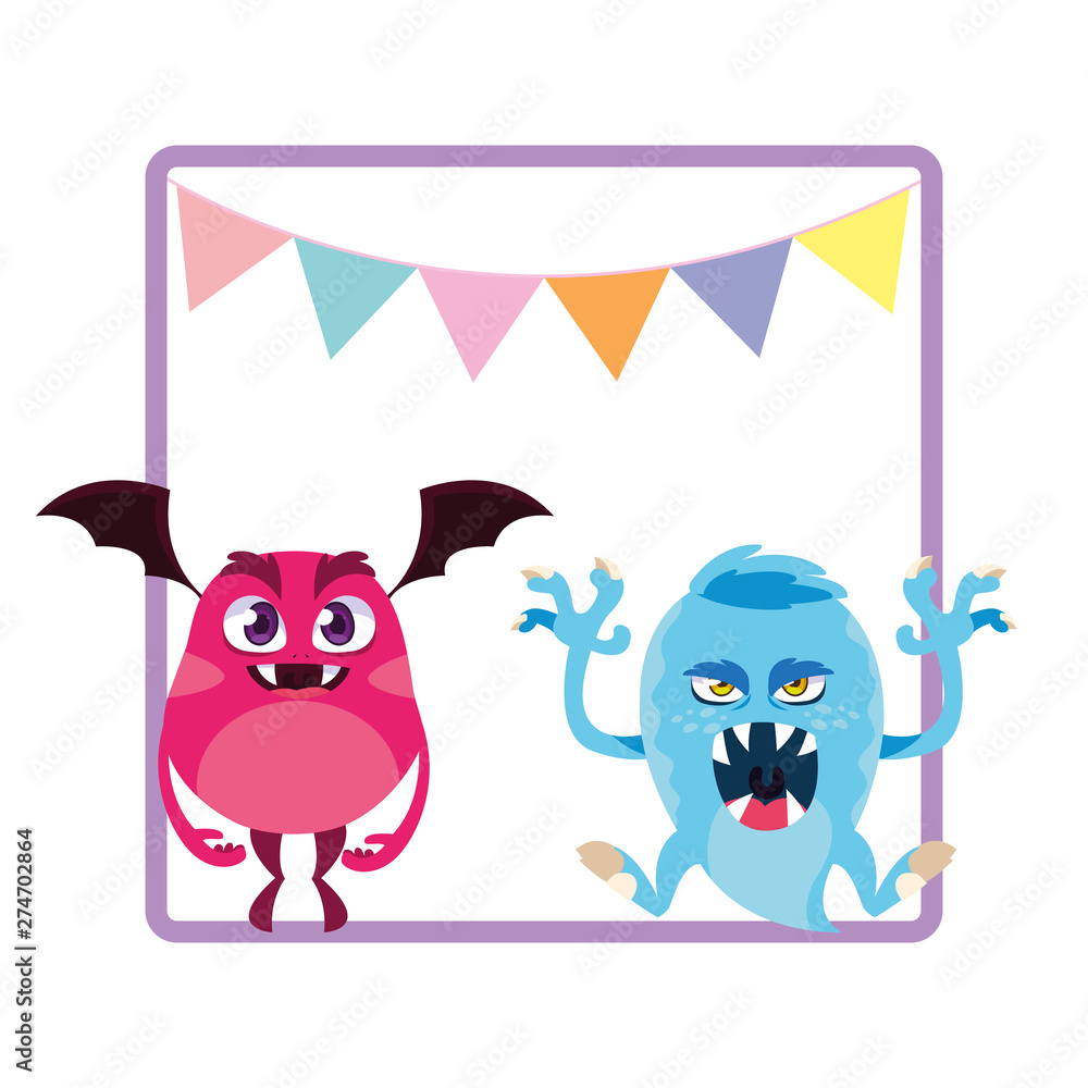 square frame with funny monsters and garlands hanging square frame with funny monsters and garlands hanging