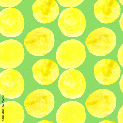 watercolor seamless pattern of yellow circles with splashes of golden paint