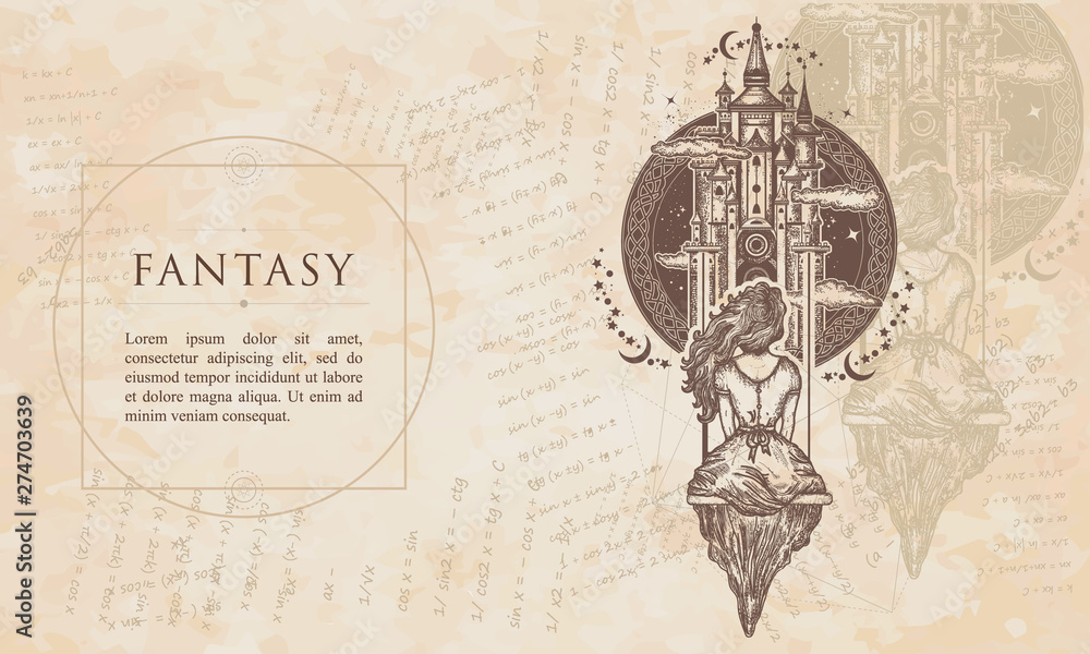 Obraz premium Fantasy. Medieval castle and girl on swing flies to sky. Symbol of dream, love, imagination. Renaissance background. Medieval manuscript, engraving art
