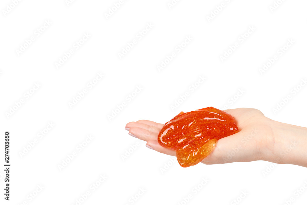 kid playing orange slime with hand, transparent toy kid playing orange slime with hand, transparent toy
