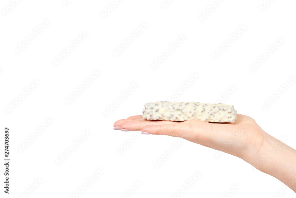 Hand with healthy granola, energy, sport, breakfast and protein bar. Hand with healthy granola, energy, sport, breakfast and protein bar.