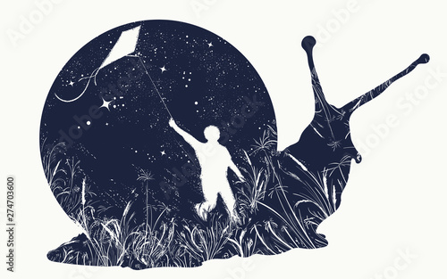 Snail double exposure tattoo and t-shirt design. Boy flies a kite in the universe. Symbol of dream, happiness, motivation, aspiration, freedom