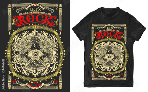 All seeing eye and keys. Let's Rock slogan. Musical print for t-shirts and another, trendy apparel design