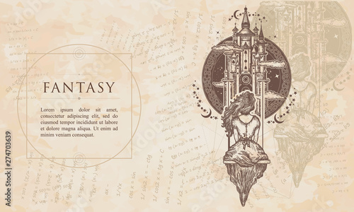 Fantasy. Medieval castle and girl on swing flies to sky. Symbol of dream, love, imagination. Renaissance background. Medieval manuscript, engraving art