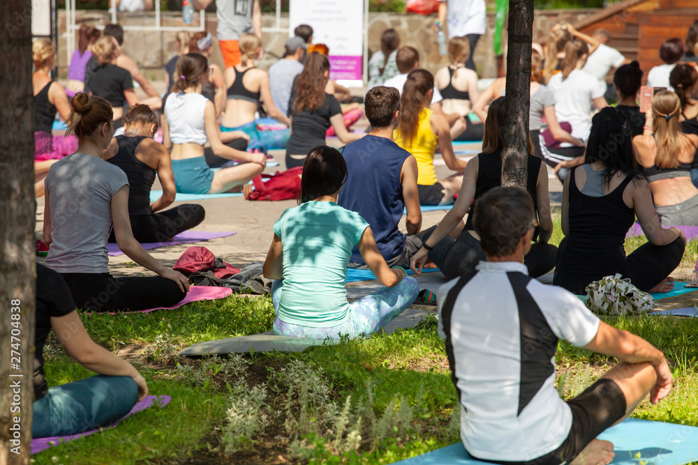 A lot of people are engaged in yoga in the park on the International Yoga Day.
