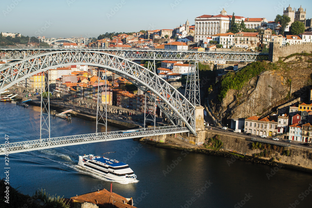 Top view of the Douro river and Dom Luis I bridge in Porto, Portugal.