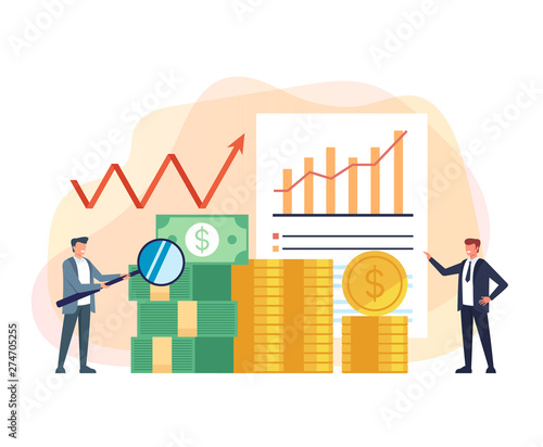 Investors businessmen office workers characters working in team. Investment successful business concept. Vector flat cartoon graphic design illustration